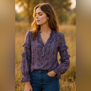 Haute Hippie 100% Silk Indigo Boho Ruffle Blouse NWT XS (Runs Oversized)